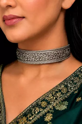 Oxidized Silver Plated Choker Necklace • Handcrafted Chitai Work Floral Vine Hasli Choker