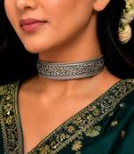 Oxidized Silver Plated Choker Necklace • Handcrafted Chitai Work Floral Vine Hasli Choker