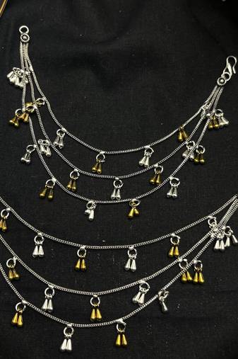 Oxidised Silver Ear Chain Kan Sahara | Three layer Dual Tone Indian Bridal Ear Chain