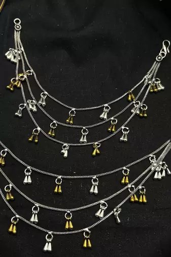 Oxidised Silver Ear Chain Kan Sahara | Three layer Dual Tone Indian Bridal Ear Chain