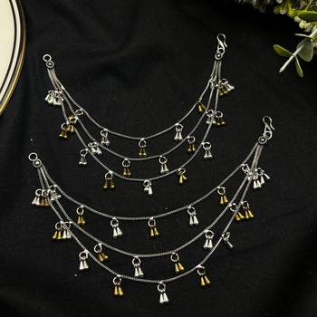 Oxidised Silver Ear Chain Kan Sahara | Three layer Dual Tone Indian Bridal Ear Chain 3