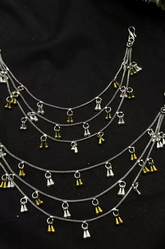 Oxidised Silver Ear Chain Kan Sahara | Three layer Dual Tone Indian Bridal Ear Chain