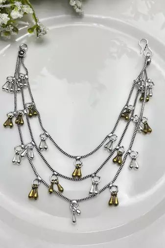 Oxidised Silver Ear Chain Kan Sahara | Three layer Dual Tone Indian Bridal Ear Chain