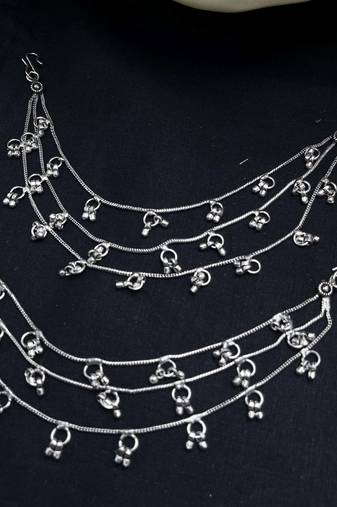 Oxidized Silver Ghungroo Kanauti Ear Chain: Indian Bridal Jewelry