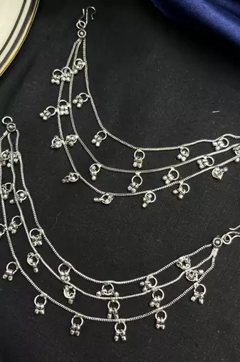 Oxidized Silver Ghungroo Kanauti Ear Chain: Indian Bridal Jewelry