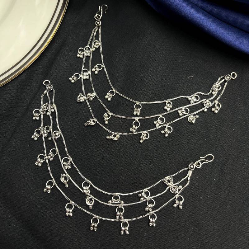 Oxidized Silver Ghungroo Kanauti Ear Chain: Indian Bridal Jewelry