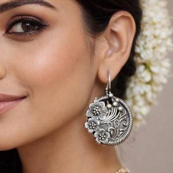 Oxidized Silver Floral Drop Earrings, Round Boho Dangle Earrings for Women 1