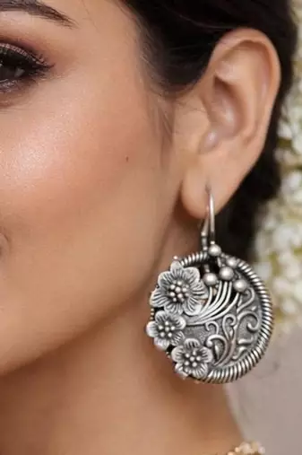 Oxidized Silver Floral Drop Earrings, Round Boho Dangle Earrings for Women