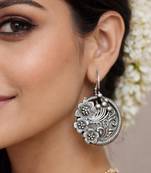 Oxidized Silver Floral Drop Earrings, Round Boho Dangle Earrings for Women