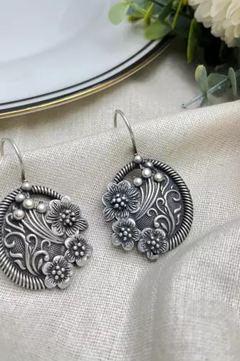 Oxidized Silver Floral Drop Earrings, Round Boho Dangle Earrings for Women
