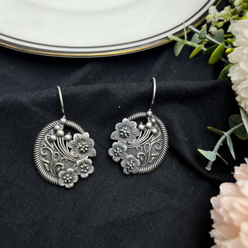 Oxidized Silver Floral Drop Earrings, Round Boho Dangle Earrings for Women
