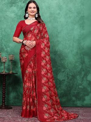 Floral beads and stones poly georgette bandhani saree 1