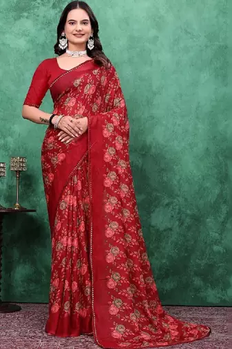 Floral beads and stones poly georgette bandhani saree