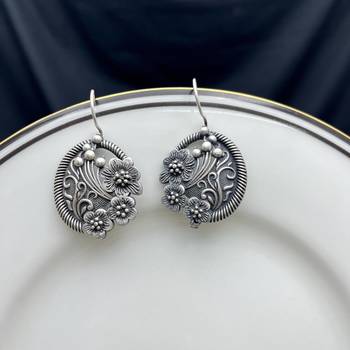 Oxidized Silver Floral Drop Earrings, Round Boho Dangle Earrings for Women 4