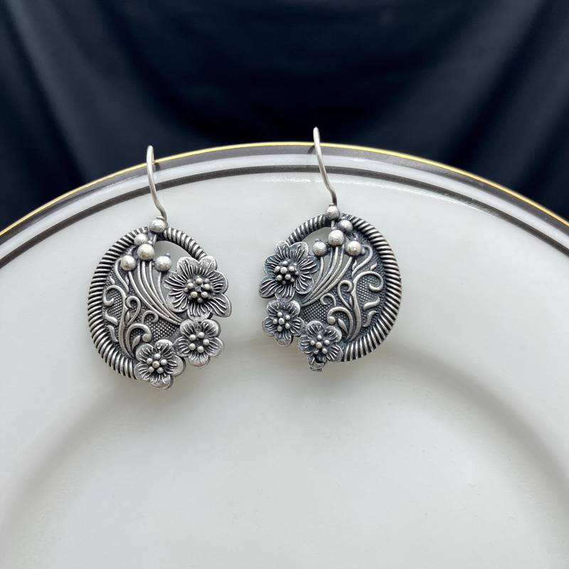 Oxidized Silver Floral Drop Earrings, Round Boho Dangle Earrings for Women