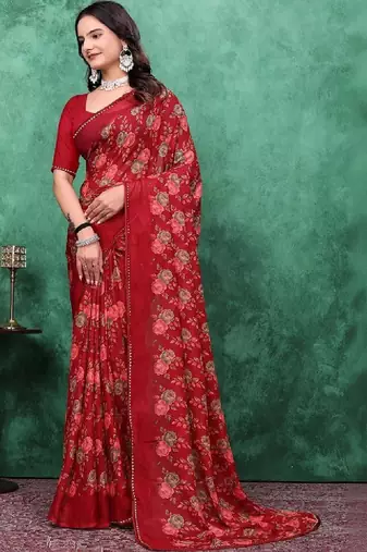 Floral beads and stones poly georgette bandhani saree