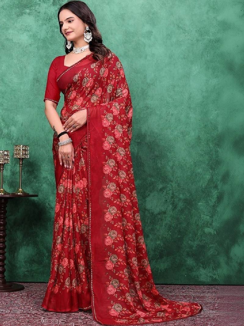 Floral beads and stones poly georgette bandhani saree