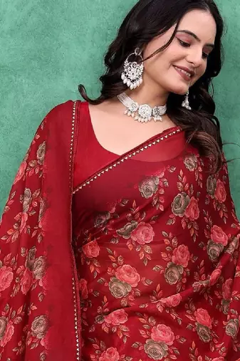 Floral beads and stones poly georgette bandhani saree