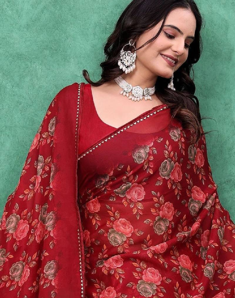 Floral beads and stones poly georgette bandhani saree