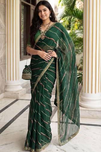 Green sequinned leheriya saree with unstiched blouse