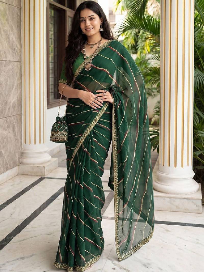 Green sequinned leheriya saree with unstiched blouse