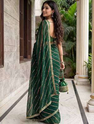 Green sequinned leheriya saree with unstiched blouse 3