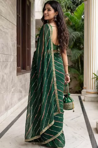 Green sequinned leheriya saree with unstiched blouse