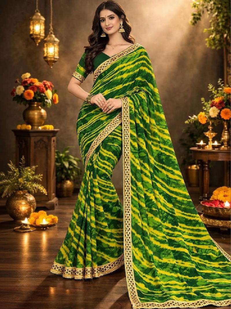 Tie and dye pure chiffon leheriya saree