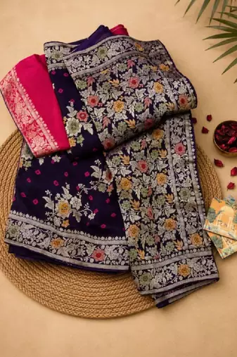 Floral zari art silk bandhani saree