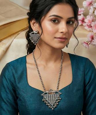 Oxidized Silver Peacock Ghungroo Necklace Set: Handmade Indian Jewelry 1
