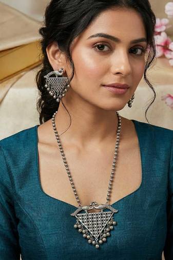 Oxidized Silver Peacock Ghungroo Necklace Set: Handmade Indian Jewelry