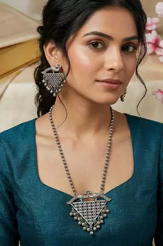 Oxidized Silver Peacock Ghungroo Necklace Set: Handmade Indian Jewelry