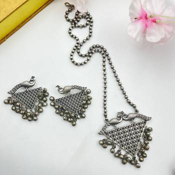 Oxidized Silver Peacock Ghungroo Necklace Set: Handmade Indian Jewelry 2