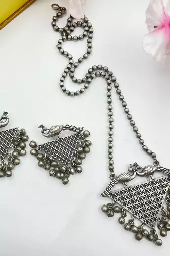 Oxidized Silver Peacock Ghungroo Necklace Set: Handmade Indian Jewelry