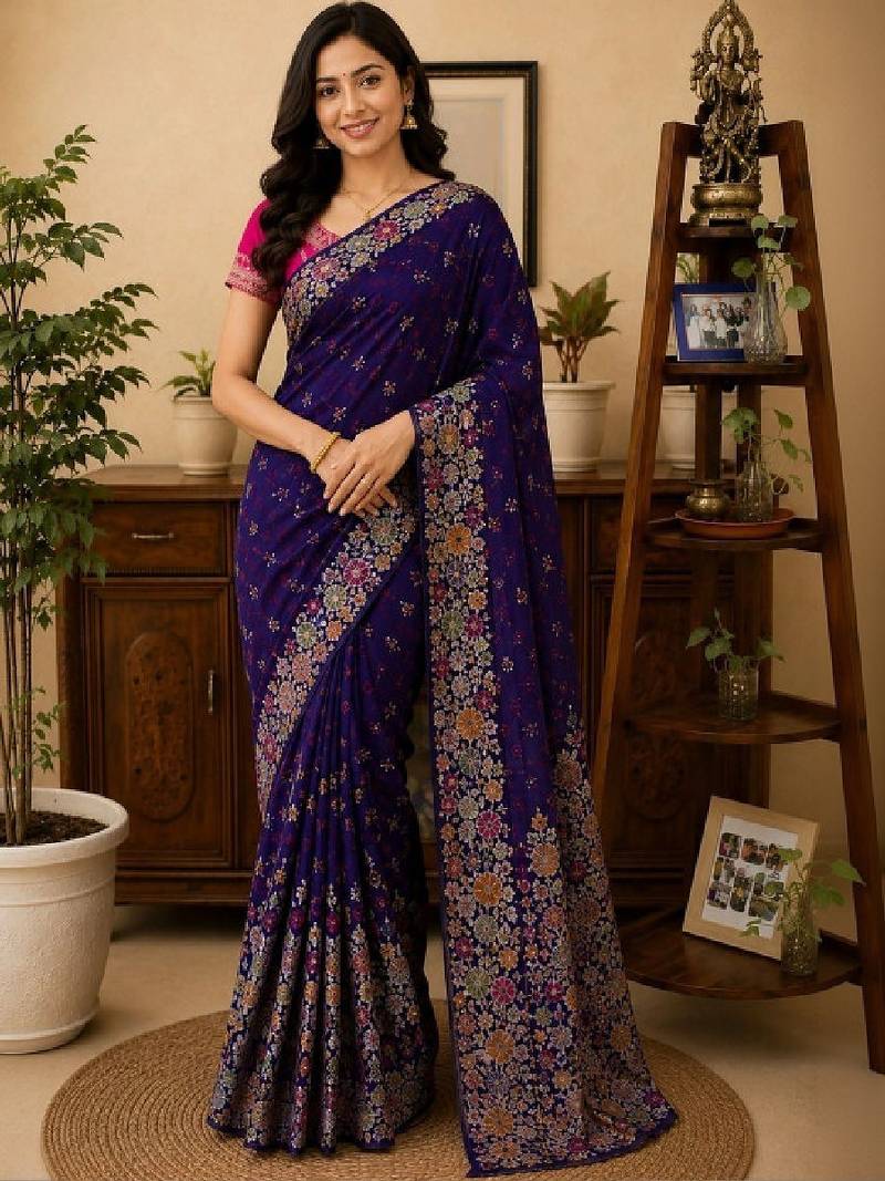 Floral zari art silk bandhani saree