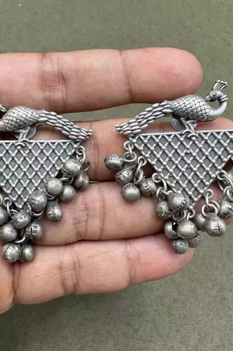 Oxidized Silver Peacock Ghungroo Necklace Set: Handmade Indian Jewelry