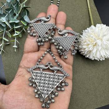 Oxidized Silver Peacock Ghungroo Necklace Set: Handmade Indian Jewelry 4
