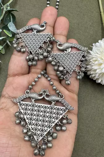 Oxidized Silver Peacock Ghungroo Necklace Set: Handmade Indian Jewelry