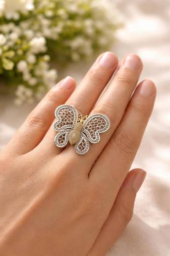Butterfly Ring, Filigree Statement Jewelry, Two Tone Gold & Silver Butterfly, Vintage Style Nature Jewelry