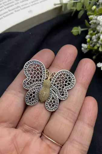Butterfly Ring, Filigree Statement Jewelry, Two Tone Gold & Silver Butterfly, Vintage Style Nature Jewelry