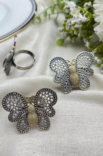 Butterfly Ring, Filigree Statement Jewelry, Two Tone Gold & Silver Butterfly, Vintage Style Nature Jewelry