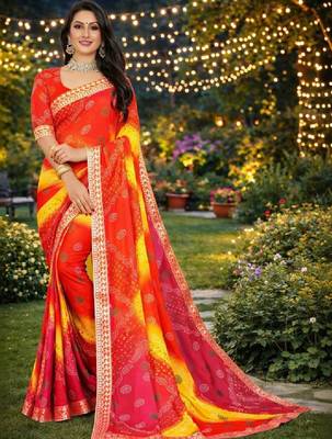 Tie and dye zari poly georgette bandhani saree 1