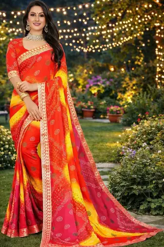 Tie and dye zari poly georgette bandhani saree