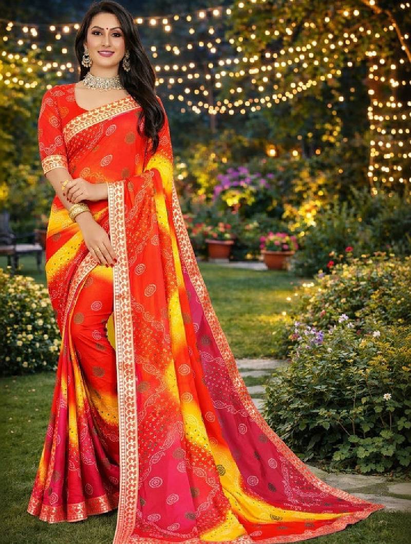 Tie and dye zari poly georgette bandhani saree