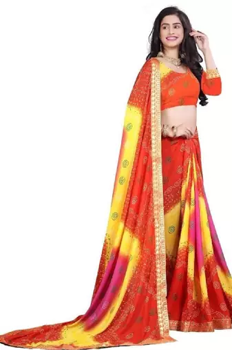 Tie and dye zari poly georgette bandhani saree