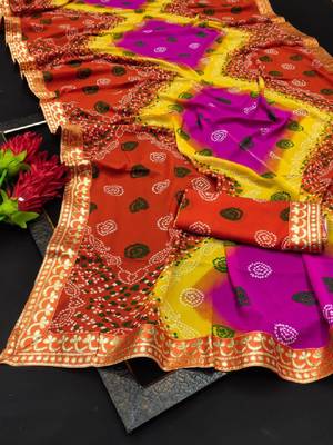 Tie and dye zari poly georgette bandhani saree 4
