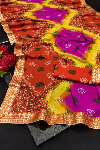 Tie and dye zari poly georgette bandhani saree