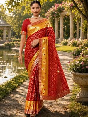 Woven design zari poly georgette designer bandhani saree 1
