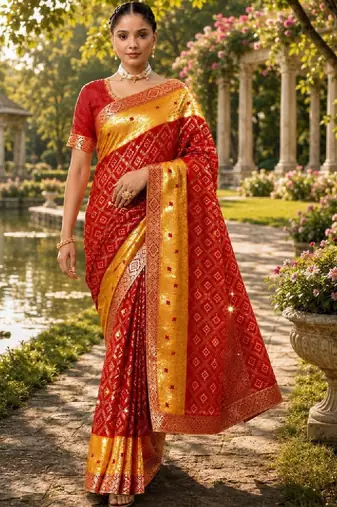 Woven design zari poly georgette designer bandhani saree