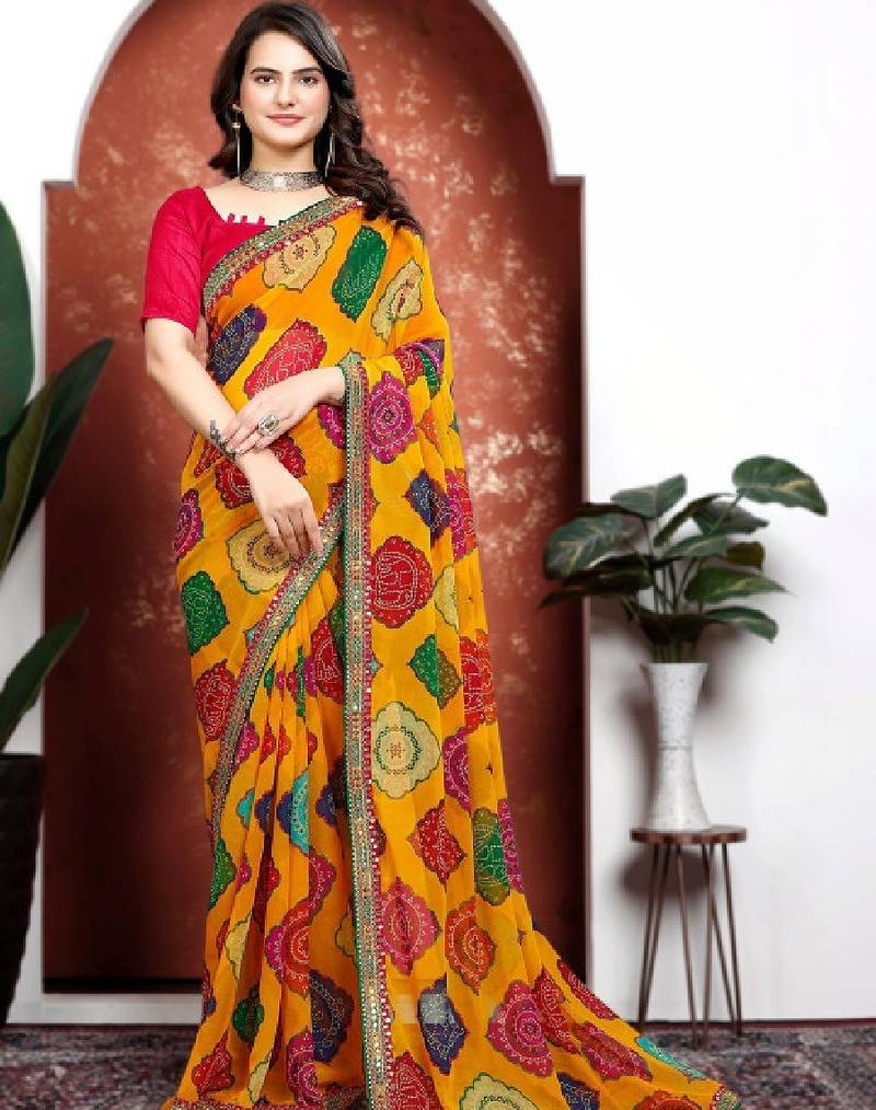 Bandhani mirror work pure chiffon bandhani saree